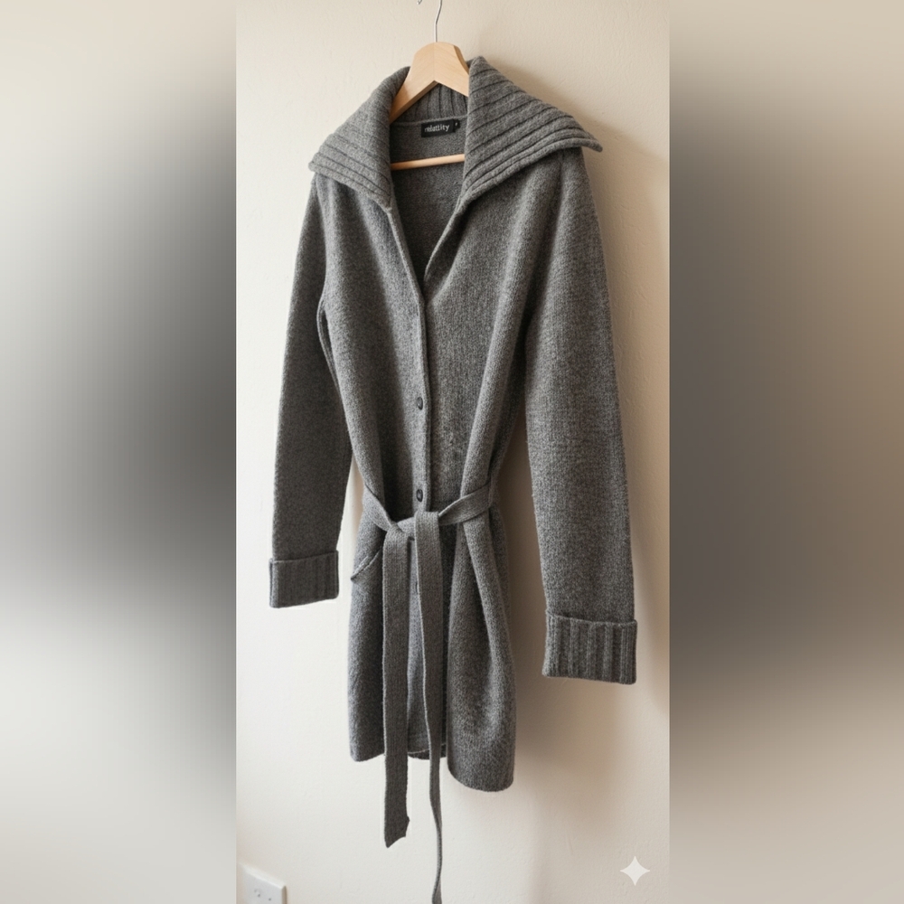 Relativity 100% Lambswool Grey Belted Longline Cardigan Sweater Size M - Picture 3 of 9